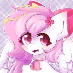 Size: 2048x2048 | Tagged: safe, artist:strawberryc208, oc, oc only, oc:bubble cloud, pegasus, pony, abstract background, collar, eyebrows, eyebrows visible through hair, female, high res, looking at you, mare, open mouth, partially open wings, pegasus oc, signature, solo, wings