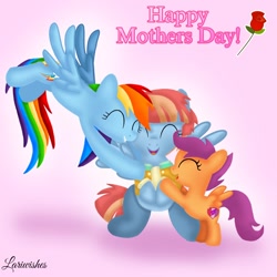 Size: 1400x1400 | Tagged: safe, artist:mlplary6, rainbow dash, scootaloo, windy whistles, pegasus, pony, g4, ^^, adopted, adopted offspring, adoption, cute, eyes closed, female, filly, flower, flying, foal, happy, heartwarming, hug, mare, mother and child, mother and daughter, mother's day, open mouth, rose, scootadoption, scootalove, siblings, sisters, sitting, smiling, spread wings, text, trio, wholesome, wings