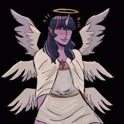 Size: 2048x2048 | Tagged: safe, artist:cardigansandcats, twilight sparkle, human, seraph, g4, curved horn, elf ears, female, halo, high res, horn, horned humanization, humanized, multiple wings, pony coloring, solo, winged humanization, wings
