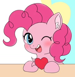 Size: 1634x1681 | Tagged: safe, artist:ruto_me, pinkie pie, earth pony, pony, g4, ear fluff, female, heart, looking at you, one eye closed, open mouth, open smile, smiling, solo, wink, winking at you