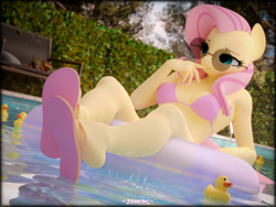 Size: 3840x2880 | Tagged: safe, artist:steamyart, fluttershy, pegasus, timber wolf, anthro, plantigrade anthro, g4, 3d, bikini, bikini top, blender, blender cycles, clothes, feet, flip-flops, high res, inner tube, pool toy, rubber duck, sandals, solo, sunglasses, swimming pool, swimsuit