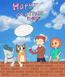 Size: 3311x3888 | Tagged: safe, artist:pokeneo1234, cloudy quartz, dog, earth pony, human, pony, semi-anthro, g4, australian cattle dog, bluey, chilli heeler, crossover, family guy, female, high res, lois griffin, male, mother, mother's day, sharon marsh, south park