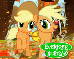 Size: 598x478 | Tagged: safe, edit, edited screencap, screencap, applejack, rainbow dash, earth pony, pegasus, pony, fall weather friends, g4, cropped, duo, everfree nightly, leaves