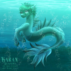 Size: 1280x1280 | Tagged: safe, artist:mandyf3lix, oc, oc only, hybrid, merpony, seapony (g4), bubble, commission, crepuscular rays, digital art, dorsal fin, fin, fish tail, flowing tail, gills, green eyes, green mane, looking at you, male, ocean, seapony oc, seaweed, signature, smiling, smiling at you, solo, stallion, sunlight, swimming, tail, underwater, unshorn fetlocks, water