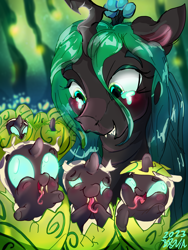Size: 2400x3200 | Tagged: safe, artist:br0via, queen chrysalis, changeling, changeling larva, changeling queen, g4, baby changeling, female, high res, mommy chrissy, mother's day