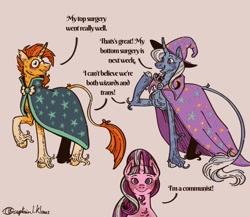 Size: 1150x1000 | Tagged: safe, artist:captain_l_klaus, starlight glimmer, sunburst, trixie, classical unicorn, pony, unicorn, g4, cloven hooves, female, horn, leonine tail, male, meme, my top surgery went really well, ponified meme, s5 starlight, simple background, tail, trans trixie, transgender, trio, unshorn fetlocks