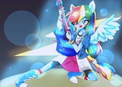 Size: 3123x2253 | Tagged: safe, artist:うめおにぎり, rainbow dash, human, equestria girls, g4, electric guitar, female, guitar, high res, musical instrument, playing instrument, ponied up, solo
