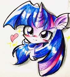 Size: 1550x1725 | Tagged: safe, artist:うめおにぎり, twilight sparkle, pony, g4, blushing, chest fluff, ear fluff, female, heart, solo, traditional art