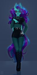 Size: 1626x3240 | Tagged: safe, artist:elektra-gertly, oc, oc only, oc:star dust, pegasus, anthro, belt, black underwear, blouse, blue background, blue eyeshadow, blue lipstick, blue mane, blue tail, boots, bra, choker, clothes, commission, crossdressing, ear piercing, earring, eyelashes, eyeliner, eyeshadow, femboy, folded wings, glasses, goth, green eyes, hand on hip, high heel boots, high heels, jewelry, lipstick, long hair male, long mane, long mane male, long nails, long tail, looking at you, loose hair, makeup, male, metal claws, pantyhose, pathetic, pegasus oc, piercing, platform heels, platform shoes, purple mane, purple tail, reflection, see-through, shirt, shoes, shorts, simple background, socks, solo, spiked choker, standing, t-shirt, tail, teal wings, thigh highs, two toned hair, two toned mane, two toned tail, underwear, unimpressed, wings