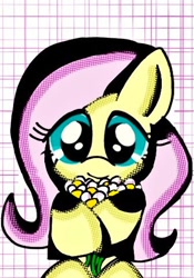Size: 336x480 | Tagged: safe, artist:mashachoco20, fluttershy, pegasus, pony, g4, bouquet, female, flower, front view, full face view, halftone, holding, looking at you, smiling, solo