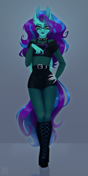Size: 1626x3240 | Tagged: safe, alternate version, artist:elektra-gertly, oc, oc only, oc:star dust, pegasus, anthro, belt, black underwear, blouse, blue eyeshadow, blue lipstick, blue mane, blue tail, boots, bra, choker, clothes, commission, crossdressing, ear piercing, earring, eyelashes, eyeliner, eyeshadow, femboy, folded wings, glasses, goth, gray background, green eyes, hand on hip, high heel boots, high heels, jewelry, lipstick, long hair male, long mane, long mane male, long nails, long tail, looking at you, loose hair, makeup, male, metal claws, pantyhose, pathetic, pegasus oc, piercing, platform heels, platform shoes, purple mane, purple tail, reflection, see-through, shirt, shoes, shorts, simple background, socks, solo, spiked choker, standing, t-shirt, tail, teal wings, thigh highs, two toned mane, two toned tail, underwear, unimpressed, wings