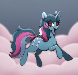 Size: 1950x1870 | Tagged: safe, artist:_alixxie_, fizzy, pony, twinkle eyed pony, g1, g4, bow, cloud, eye clipping through hair, female, g1 to g4, generation leap, open mouth, open smile, smiling, solo, tail, tail bow