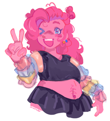 Size: 636x700 | Tagged: safe, artist:onionpwder, pinkie pie, human, equestria girls, g4, alternate hairstyle, belly button, blushing, chubby, clothes, cute, diapinkes, ear piercing, earring, female, jewelry, midriff, one eye closed, open mouth, peace sign, piercing, shirt, simple background, skirt, solo, white background, wink