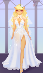 Size: 2346x4000 | Tagged: safe, artist:xjenn9, applejack, anthro, plantigrade anthro, g4, absolute cleavage, anklet, beautisexy, blushing, breasts, bride, cheek fluff, cleavage, clothes, cute, dress, ear fluff, female, high heels, jackabetes, jewelry, lidded eyes, sandals, shoes, smiling, solo, sparkles, wedding dress, ych example, your character here