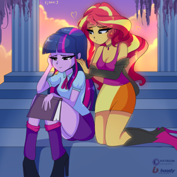 Size: 4000x4000 | Tagged: safe, artist:xjenn9, sunset shimmer, twilight sparkle, human, equestria girls, g4, blouse, book, boots, breasts, choker, cleavage, clothes, comforting, concerned, crying, duo, female, high heel boots, high heels, jacket, lesbian, ship:sunsetsparkle, shipping, shirt, shoes, sitting, skirt, stairs, tank top, tears of sadness, twilight sparkle (alicorn)