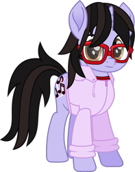 Size: 874x1108 | Tagged: safe, artist:lightningbolt, derpibooru exclusive, oc, pony, unicorn, g4, .svg available, brendon urie, clothes, colored pupils, frown, glasses, hood, hoodie, horn, looking at you, male, movie accurate, panic! at the disco, ponified, shirt, simple background, solo, stallion, standing, svg, transparent background, undershirt, unicorn oc, vector