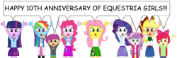 Size: 1024x339 | Tagged: safe, artist:pre-animationman, apple bloom, applejack, fluttershy, pinkie pie, rainbow dash, rarity, scootaloo, sweetie belle, twilight sparkle, human, equestria girls, g4, my little pony equestria girls, anniversary, anniversary art, arms in the air, cutie mark crusaders, dialogue, digital art, english, ennead, excited, happy, humane five, humane six, looking at you, newbie artist training grounds, nonet, simple background, speech bubble, text, white background