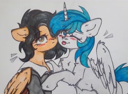 Size: 3981x2935 | Tagged: safe, artist:starkey, oc, alicorn, pegasus, pony, blushing, chest fluff, clothes, cuddling, ear fluff, fluffy, frown, high res, looking at you, one eye closed, smiling, tongue out, traditional art, wink, winking at you
