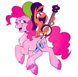 Size: 680x673 | Tagged: safe, artist:morgantoast, pinkie pie, alien, earth pony, pony, g4, banjo, crossover, cute, daaaaaaaaaaaw, diapinkes, duo, hat, looking at each other, looking at someone, musical instrument, prancing, riding, riding a pony, simple background, wander (wander over yonder), wander over yonder, wander riding pinkie pie, white background
