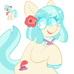 Size: 2048x2048 | Tagged: safe, artist:cattoothcathy, coco pommel, earth pony, pony, g4, beanbrows, blue, blue mane, collar, colored, digital art, eye clipping through hair, eyebrows, flower, flower in hair, high res, hooves, simple background, smiling, solo, sparkles, white background