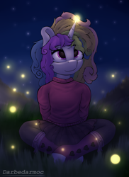 Size: 2048x2816 | Tagged: safe, artist:darbedarmoc, oc, oc only, unicorn, anthro, boots, calm, clothes, fog, grass, high res, light, lotus position, magic, mountain, night, relaxing, shoes, sitting, skirt, solo, stars, sweater