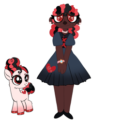 Size: 2048x2048 | Tagged: safe, artist:cattoothcathy, oc, earth pony, human, insect, ladybug, pony, anthro, equestria girls, g4, black dress, bracelet, clothes, colt, cute, dress, female, filly, foal, grin, high res, human coloration, humanized, jewelry, male, necklace, nervous, nervous smile, photo, poof, poofy mane, shoes, shy, simple background, smiling, sweet, white background