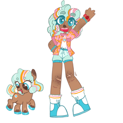 Size: 2048x2048 | Tagged: safe, artist:cattoothcathy, earth pony, human, pony, anthro, equestria girls, g4, bandaid, bracelet, clothes, colt, converse, dressing, female, filly, foal, freckles, friendship, friendship bracelet, happy, high res, human coloration, humanized, jewelry, male, scar, shirt, shoes, simple background, sun, waving, waving at you, white background