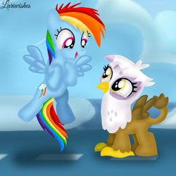 Size: 1400x1400 | Tagged: safe, artist:mlplary6, gilda, rainbow dash, griffon, pegasus, pony, g4, childhood friends, duo, female, filly, filly rainbow dash, flight school, flying, foal, friends, friendship, looking at each other, looking at someone, smiling, smiling at each other, young gilda, younger