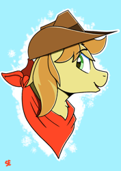 Size: 2480x3508 | Tagged: safe, artist:sefastpone, braeburn, earth pony, pony, g4, bust, clothes, cowboy hat, cute, digital art, hat, high res, looking back, male, open mouth, open smile, scarf, simple background, smiling, stallion