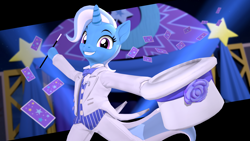 Size: 3840x2160 | Tagged: safe, artist:owlpirate, trixie, pony, unicorn, g4, 3d, 4k, bipedal, card, clothes, female, grin, hat, high res, hoof hold, looking at you, magic show, magic wand, mare, smiling, smiling at you, solo, source filmmaker, top hat, tuxedo