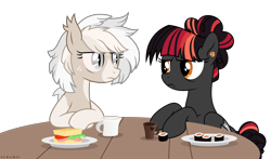 Size: 6826x4002 | Tagged: safe, artist:suramii, oc, oc only, oc:cuddy, oc:night vision, pony, absurd resolution, duo, female, food, mare, sandwich, simple background, sushi, transparent background
