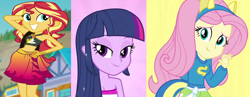 Size: 1370x531 | Tagged: safe, screencap, fluttershy, sunset shimmer, twilight sparkle, human, equestria girls, equestria girls specials, g4, my little pony equestria girls, my little pony equestria girls: better together, my little pony equestria girls: forgotten friendship, beach shorts swimsuit, beautiful, cropped, fake ears, fake tail, fall formal outfits, female, lidded eyes, sunset shimmer swimsuit, sunset shimmer's beach shorts swimsuit, teenager, trio, trio female, waifu, wondercolts uniform