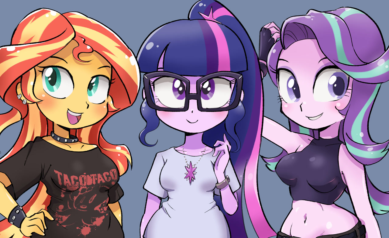[artist:k-nattoh,bust,choker,clothes,equestria girls,female,human,midriff,open mouth,safe,trio,twilight sparkle,sunset shimmer,starlight glimmer,smiling,wristband,sci-twi,trio female,spiked choker,spiked wristband]
