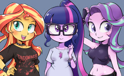 Size: 1307x800 | Tagged: safe, artist:k-nattoh, sci-twi, starlight glimmer, sunset shimmer, twilight sparkle, human, equestria girls, g4, belly button, bust, choker, clothes, cutie mark accessory, cutie mark necklace, female, glasses, jewelry, midriff, necklace, open mouth, smiling, spiked choker, spiked wristband, trio, trio female, wristband