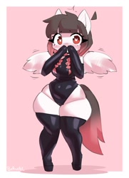 Size: 850x1177 | Tagged: safe, artist:borvar, oc, oc:arwencuack, pegasus, anthro, adorasexy, arm hooves, blushing, bodysuit, clothes, cute, embarrassed, heart, heart eyes, sexy, socks, solo, thicc thighs, thick, thigh highs, wide hips, wingding eyes, wings