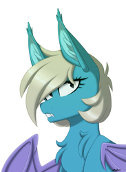 Size: 1417x1936 | Tagged: safe, artist:melodytheartpony, oc, oc:ivory peral, bat pony, pony, bust, chest fluff, ear tufts, fangs, female, folded wings, looking at you, portrait, signature, simple background, solo, spread wings, white background, wings