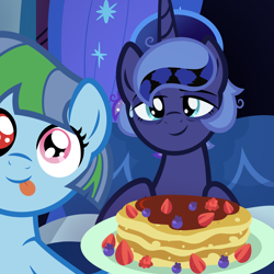 Size: 3000x3000 | Tagged: safe, artist:seasemissary, princess luna, oc, oc:raindraw drop, pony, g4, blueberry, duo, female, filly, foal, food, herbivore, high res, pancakes, parent:princess luna, strawberry, tongue out