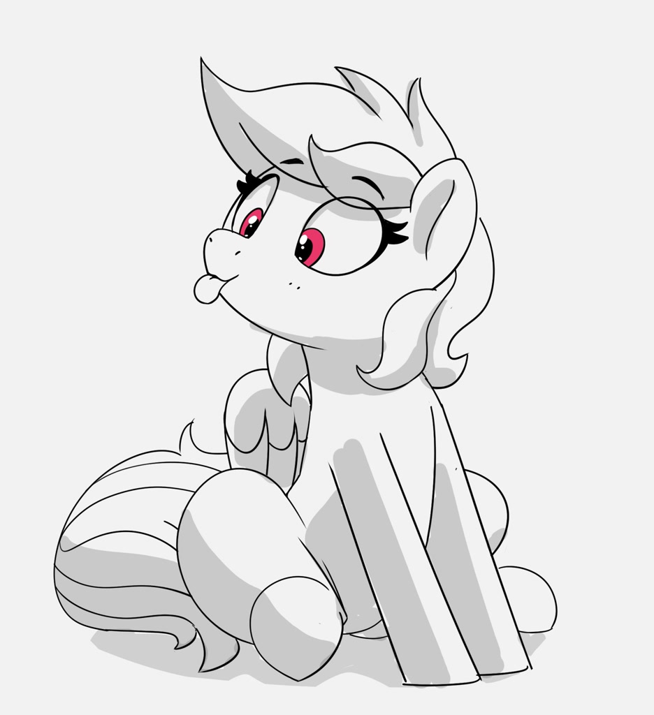 [:p,black and white,cute,eyebrows,female,grayscale,mare,monochrome,pegasus,pony,rainbow dash,safe,silly,simple background,sitting,solo,white background,tongue out,dashabetes,partial color,artist:pabbley,eyebrows visible through hair,turned head]