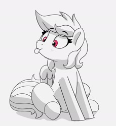 Size: 1781x1948 | Tagged: safe, artist:pabbley, rainbow dash, pegasus, pony, g4, :p, black and white, cute, dashabetes, eyebrows, eyebrows visible through hair, female, grayscale, mare, monochrome, partial color, silly, simple background, sitting, solo, tongue out, turned head, white background