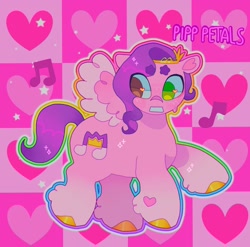 Size: 1440x1424 | Tagged: safe, artist:ariariari.png, pipp petals, pegasus, pony, g5, colored hooves, crown, februpony, heart, heart eyes, heterochromia, jewelry, music notes, regalia, solo, wingding eyes