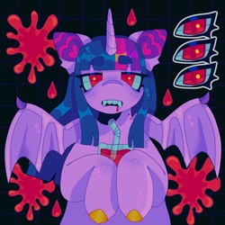 Size: 1440x1440 | Tagged: safe, artist:ariariari.png, twilight sparkle, alicorn, bat pony, bat pony alicorn, pony, g4, bat ears, bat ponified, bat wings, blood, blood bag, blood splatter, colored hooves, fangs, februpony, female, horn, lidded eyes, multicolored hair, race swap, red eyes, solo, straw, twibat, wings