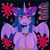 Size: 1440x1440 | Tagged: safe, artist:ariariari.png, twilight sparkle, alicorn, bat pony, bat pony alicorn, pony, g4, bat ears, bat ponified, bat wings, blood, blood bag, blood splatter, colored hooves, fangs, februpony, female, horn, lidded eyes, multicolored hair, race swap, red eyes, solo, straw, twibat, wings