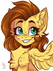 Size: 1200x1600 | Tagged: safe, artist:falafeljake, oc, oc only, oc:yuris, pegasus, pony, chest fluff, cute, ear fluff, eyebrows, female, freckles, grin, mare, ocbetes, pegasus oc, signature, simple background, smiling, solo, white background, wings