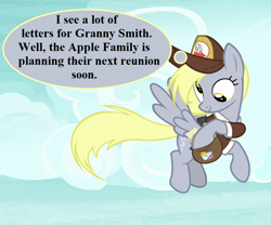 Size: 864x720 | Tagged: safe, edit, edited screencap, editor:korora, screencap, derpy hooves, pegasus, pony, g4, school raze, bag, cropped, cute, derpabetes, hat, implied granny smith, mailbag, mailmare hat, mailmare uniform, thought bubble