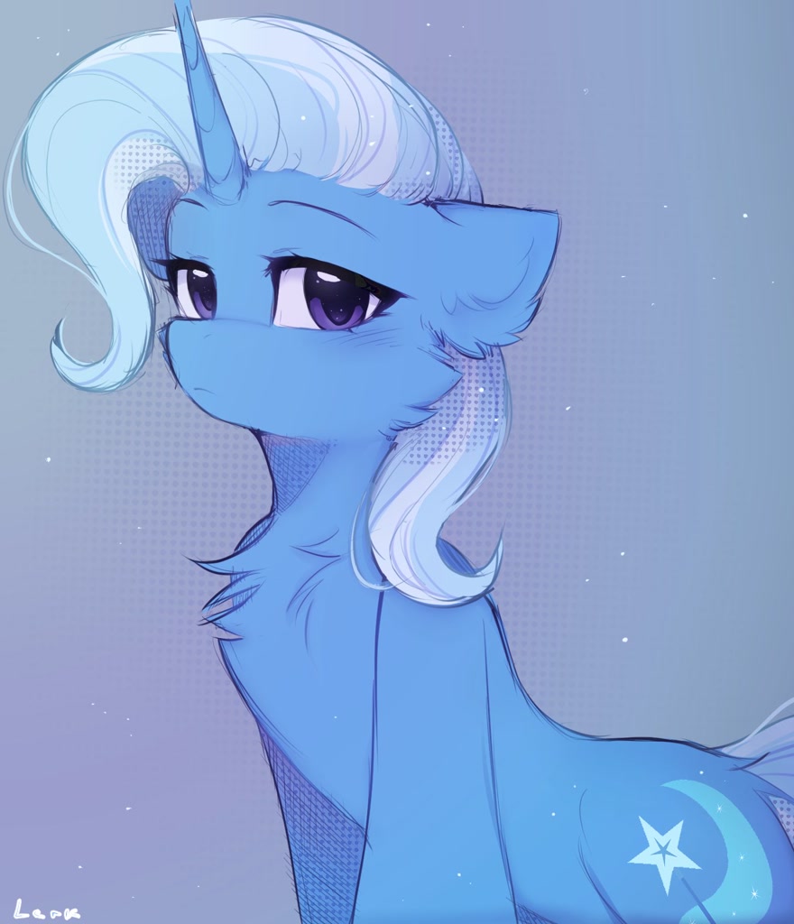 [chest fluff,cute,female,horn,looking at you,mare,pony,safe,signature,solo,trixie,unicorn,ear fluff,abstract background,diatrixes,artist:lerkfruitbat]