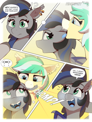 Size: 3000x4000 | Tagged: safe, artist:pedalspony, oc, oc only, oc:icy breeze, oc:nightglider, bat pony, pony, bat pony oc, bat wings, biting, comic, dialogue, ear piercing, fangs, female, heart, heart eyes, mare, piercing, tongue out, wingding eyes, wings