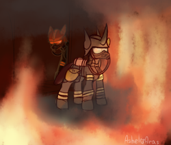 Size: 1850x1559 | Tagged: safe, artist:ashel_aras, changeling, pony, unicorn, armor, clothes, confusion, costume, duo, fire, firefighter, sketch