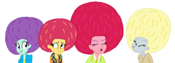 Size: 5432x1956 | Tagged: safe, artist:bigpurplemuppet99, blueberry pie, derpy hooves, raspberry fluff, sunset shimmer, human, equestria girls, g4, afro, simple background, the muffins, transparent background