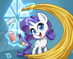 Size: 1200x960 | Tagged: safe, artist:empyu, rarity, pony, unicorn, g4, cute, fabric, female, filly, filly rarity, glowing, glowing horn, horn, magic, measuring tape, open mouth, raribetes, scissors, sewing needle, solo, telekinesis, thread, younger
