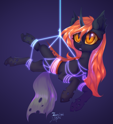 Size: 2722x2980 | Tagged: safe, artist:jsunlight, oc, oc only, oc:teen spirit, changeling, pony, belly, bondage, changeling oc, commission, high res, looking at you, orange changeling, rope, rope bondage, shibari, signature, solo